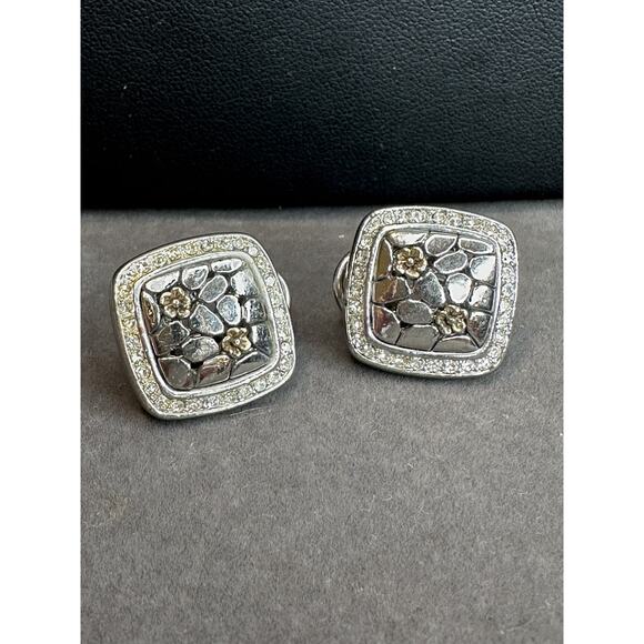 Rhodium Rhinestone Square Two tone cable pebble Flower Omega Clasp earrings - Picture 1 of 8